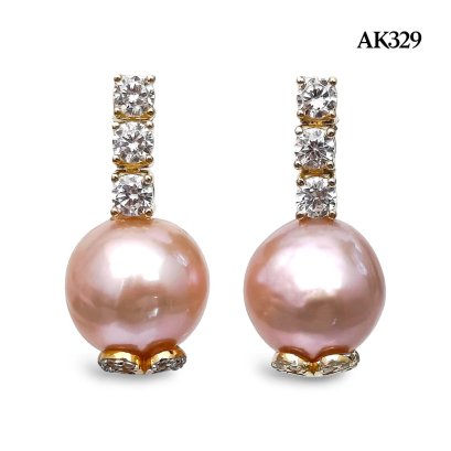 Approx. 10.0 mm, Ripple Freshwater Pearl, Three Stone CZ Dangle Pearl Stud Earrings