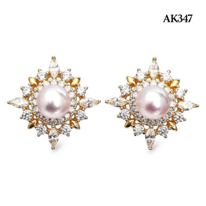 Approx. 6.0 mm, Hanamomo, Akoya Pearl, Sunray CZ Pearl Stud Earrings