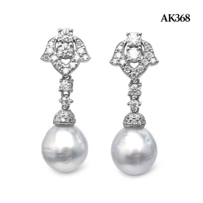 Approx. 9.0 -10.0 mm, White South Sea Pearl, Royal Orchid Dangle Pearl Stud Earrings