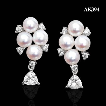 Approx. 6.0 mm up, AK Pearl, Cluster Pearl Dangle Trilliant Cut CZ Stud Earrings