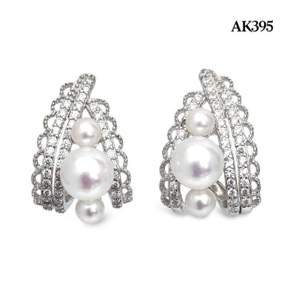 Approx. 3.0 - 5.0 mm, AK Pearl, Triple Pearl Roll Festoon Edge CZ Paved Stud Earrings
