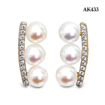 Approx. 5.5 mm up, AK Pearl, Triple Pearl CZ Bar Stud Earrings