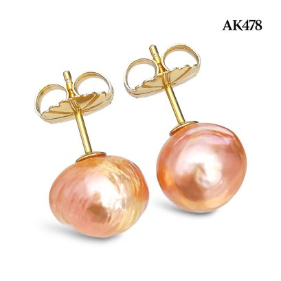 Approx. 9.0 - 10.0 mm, Strawberry Wafer, Ripple Freshwater Pearl, Stud Pearl Earrings