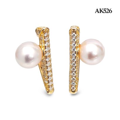 Approx. 5.5 mm, Hanamomo, Akoya Pearl, V Miki CZ Paved Pearl Stud Earrings