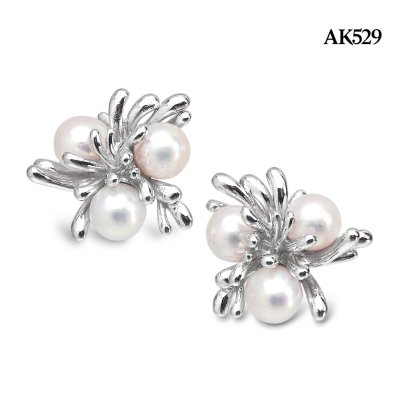 Approx. 6.0 mm, Hanamomo, Akoya Pearl, Triple Pearl Splash Stud Earrings