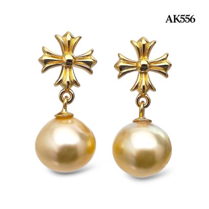 Approx. 9.0 mm up, Gold South Sea Pearl, Chrome H. Dangle Pearl Stud Earrings