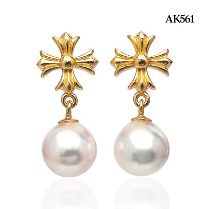 Approx. 8.0 mm, Hanamomo, Akoya Pearl, Chrome H. Dangle Pearl Stud Earrings
