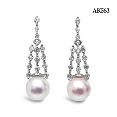 Approx. 8.0 mm, Hanamomo, Akoya Pearl, Three Stripes Icicle CZ Dangle Pearl Stud Earrings