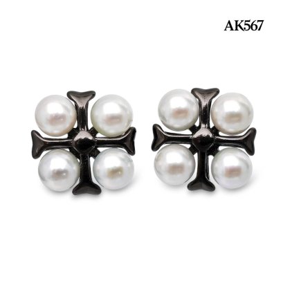 Approx. 3.5 mm, Akoya Pearl, Pearl Cross Stud Earrings