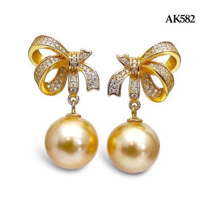 Approx. 10.0 - 11.0 mm, Gold South Sea Pearl, Bow CZ Paved Dangle Pearl Stud Earrings