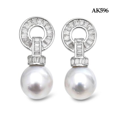 Approx. 9.0 mm, White South Sea Pearl, Donut CZ Paved Dangle Pearl Stud Earrings