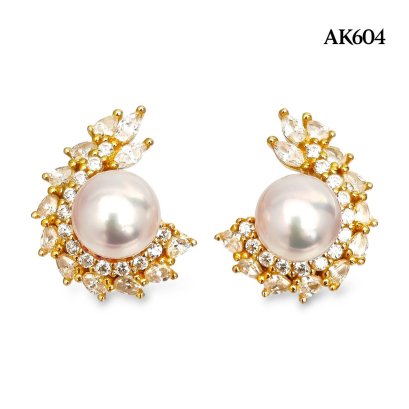 Approx. 6.0 mm, Hanamomo, Akoya Pearl, Royal Flame CZ Pearl Stud Earrings