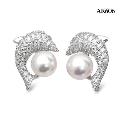 Approx. 6.0 mm, Hanamomo, Akoya Pearl, Dolphin CZ Paved Pearl Stud Earrings
