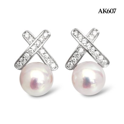 Approx. 6.0 mm up, Hanamomo, Akoya Pearl, X CZ Paved Pearl Stud Earrings