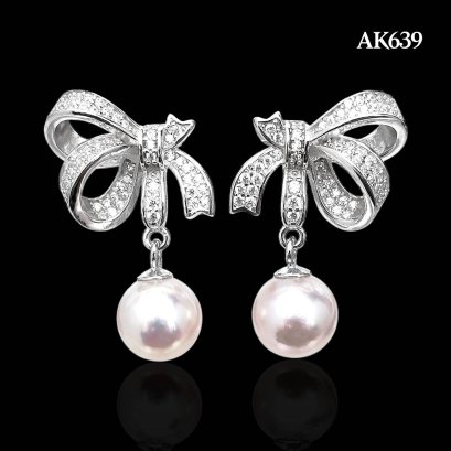 Approx. 6.5 mm up, Hanamomo, Akoya Pearl, Miki Bow Dangle Pearl Stud Earrings
