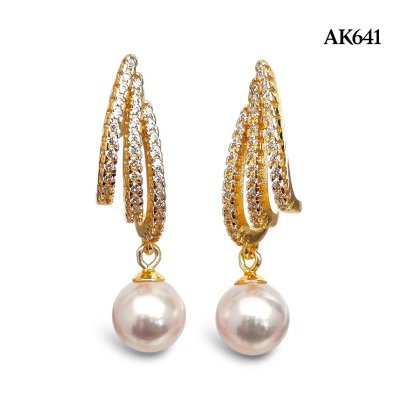 Approx. 6.0 mm, Hanamomo, Akoya Pearl, Triple Icicle CZ Stripes Dangle Pearl Stud Earrings