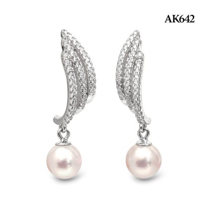 Approx. 6.0 mm, Hanamomo, Akoya Pearl, Triple Icicle CZ Stripes Dangle Pearl Stud Earrings