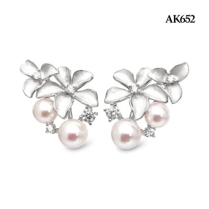 Approx. 5.0-6.0 mm, Hanamomo, Akoya Pearl, White Enamel Flowers Pearls Stud Earrings