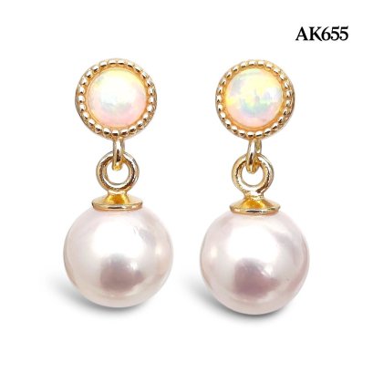 Approx. 6.0 mm, Hanamomo, Akoya Pearl, Synthetic Opal Dot Dangle Pearl Stud Earrings
