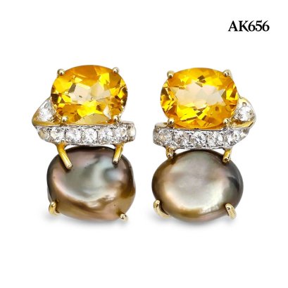 Approx. 10.0 mm, Nebular, Keshi Tahitian Pearl, Citrine Pearl Stud Earrings