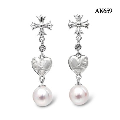 Approx. 8.0 mm up, Hanamomo, Akoya Pearl, Cross & Heart Dangle Pearl Stud Earrings