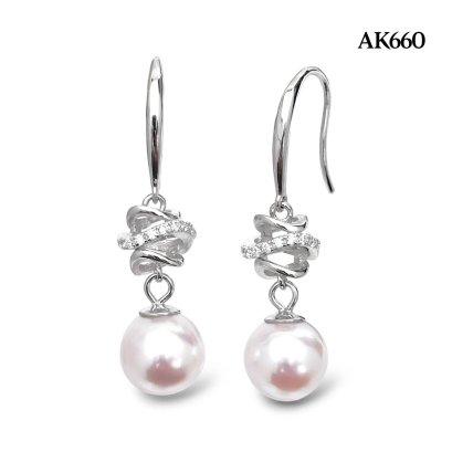 Approx. 8.0 mm, Hanamomo, Akoya Pearl, "Ribbon" Dangle Pearl Fish Hooks Earrings