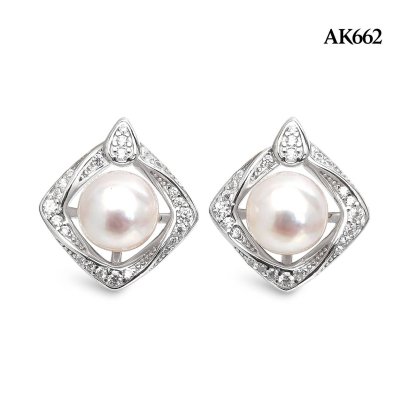 Approx. 8.0 mm, Hanamomo, Akoya Pearl, Pearl in a Frame Stud Earrings
