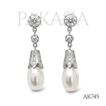 Approx. 8.0 mm, Freshwater Pearl, Dangle Round Moissanite Cone Cap Pearl Stud Earrings