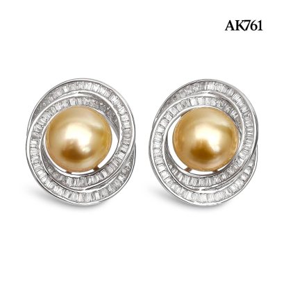 Approx. 10.0 mm, Gold South Sea Pearl, Double Ring Halo Pearl Stud Earrings