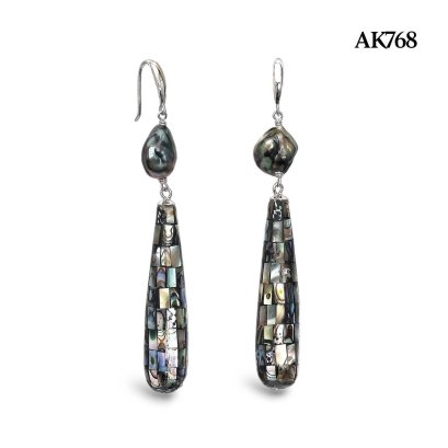 Approx. 8.0 mm, Keshi Tahitian Pearl, Fish Hooks Earrings Dangle Pearl & Abalone Mother of Pearl Club