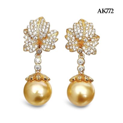Approx. 11.0 mm, Gold South Sea Pearl, Leaf CZ Row Dangle Pearl Stud Earrings