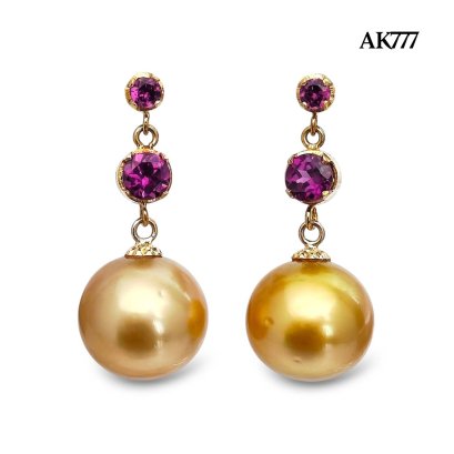 (PSL) Approx. 10.8 mm, Aurora Moon Rainbow, Gold South Sea Pearl, Rhodolite Dot Dangle Pearl Stud Earrings