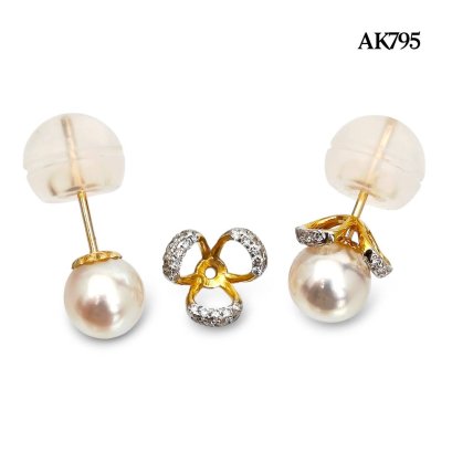 (PSL) Approx. 6.3 mm, Aurora Rose, Akoya Pearl, Pearl Stud Earrings with Three Petal Diamond Jacket