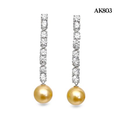 Approx. 10.7 - 10.8 mm, Gold South Sea Pearl, CZ Row Dngle Pearl Stud Earrings