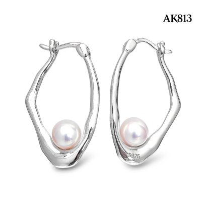 Approx. 6.0 mm, Hanamomo, Akoya Pearl, Free Form Setting Pearl Latch back Earrings