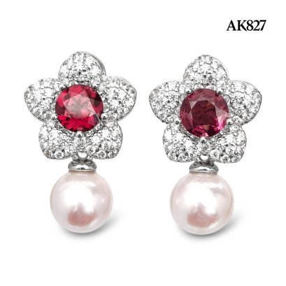8.0 -8.1 mm, Hanamomo, Akoya Pearl, Flower Garnet Stud Earrings with Dangle Pearl Jacket