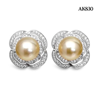 Approx. 10.0 mm, Gold South Sea Pearl, Pearl Halo Flower Stud Earrings