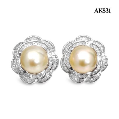 9.4 mm and 9.6 mm, Gold South Sea Pearl, Pearl Halo Double Flower Stud Earrings