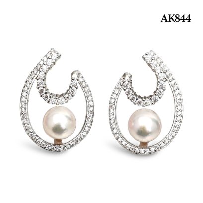 Approx. 6.0 mm, Hanamomo, Akoya Pearl, Crescent Moon Pearl Stud Earrings