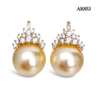 Approx. 11.0 mm, Gold South Sea Pearl, CZ Crown Pearl Stud Earrings