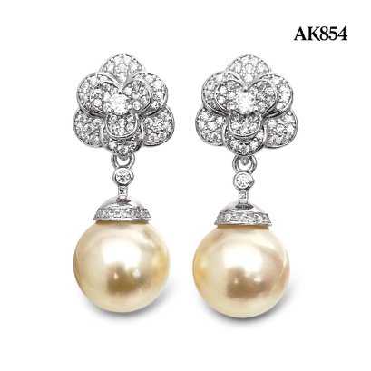 Approx. 10.0 - 11.0 mm, Gold South Sea Pearl, Rose CZ Paved Dangle Pearl Stud Earrings