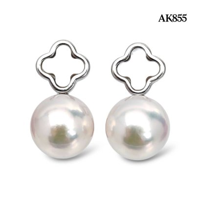 Approx. 8.0 mm, Hanamomo, Akoya Pearl, MOP Clover Leaf Pearl Stud Earrings
