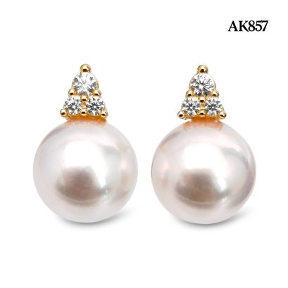 Approx. 8.0 mm, Hanamomo, Akoya Pearl, Triple CZ Dot Pearl Stud Earrings