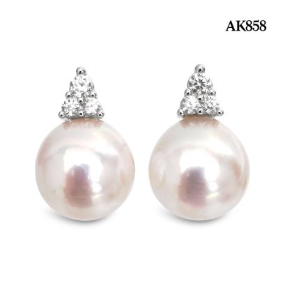 Approx. 8.0 mm, Hanamomo, Akoya Pearl, Triple CZ Dot Pearl Stud Earrings
