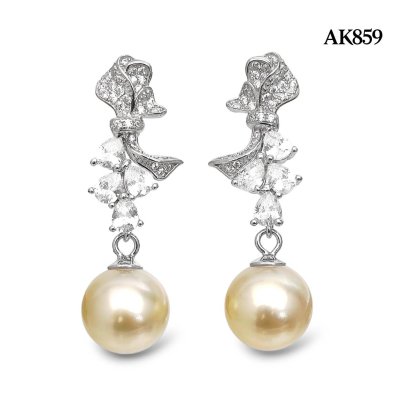 Approx. 9.0 mm up, Gold South Sea Pearl, Bow Dangle Pearl Stud Earrings