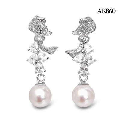Approx. 8.0 mm, Hanamomo, Akoya Pearl, Bow CZ Dangle Pearl Stud Earrings