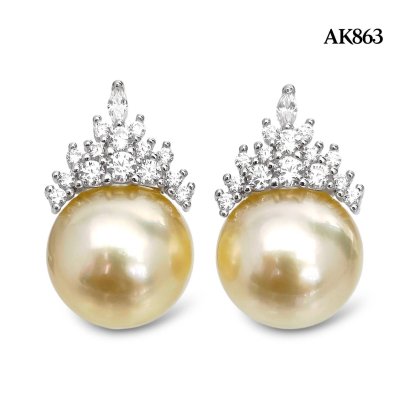 Approx,11.0 mm, Gold South Sea Pearl, Crown CZ Pearl Stud Earrings