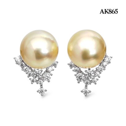 Approx. 11.0 mm, Gold South Sea Pearl, Pearl CZ Hive Stud Earrings