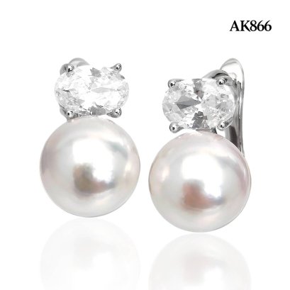 Approx. 8.0 mm, Hanamomo, Akoya Pearl, Oval CZ Pearl Latch Back Earrings