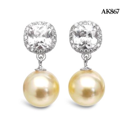 Approx. 8.0 - 9.0 mm, Gold South Sea Pearl, Radiant Cut Halo CZ Dangle Pearl tud Earrings